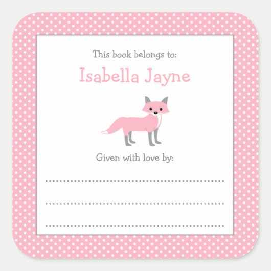 ピンクガールキツネ蔵書票スクエアステッカー スクエアシール (正面)
