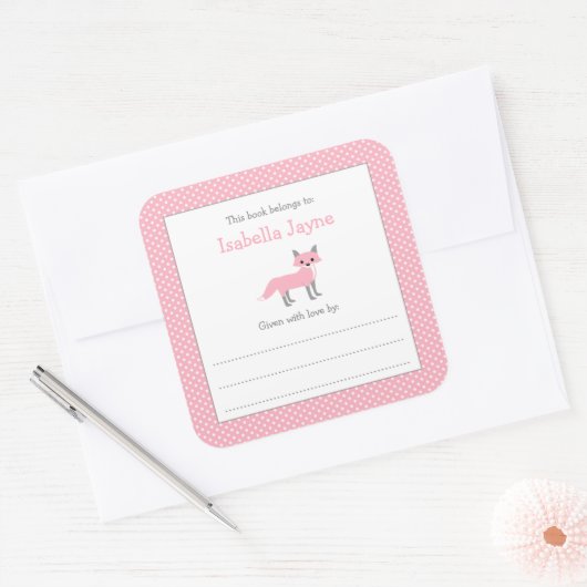 ピンクガールキツネ蔵書票スクエアステッカー スクエアシール (封筒)