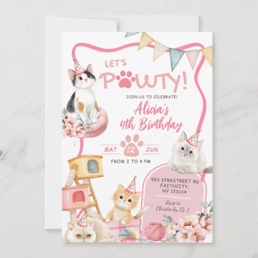 ピンクガールキャットレッツポーティエイジ誕生日 招待状 (正面)