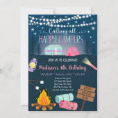 ピンクガールキャンパーキャンプ誕生日 招待状 (正面)