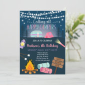 ピンクガールキャンパーキャンプ誕生日 招待状 (スタンド正面)