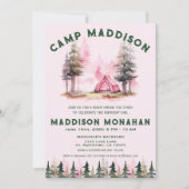 ピンクガールキャンピング誕生日スリーポバー招待状 招待状 (正面)