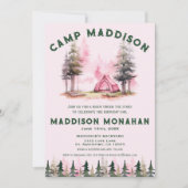 ピンクガールキャンピング誕生日招待状 招待状 (正面)