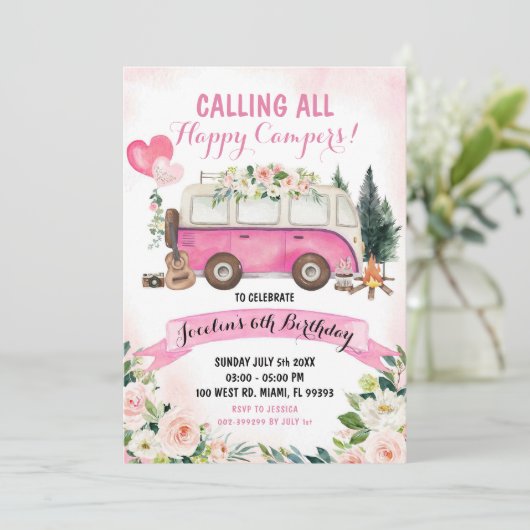 ピンクガールキャンプアウト誕生日招待状 招待状 (スタンド正面)