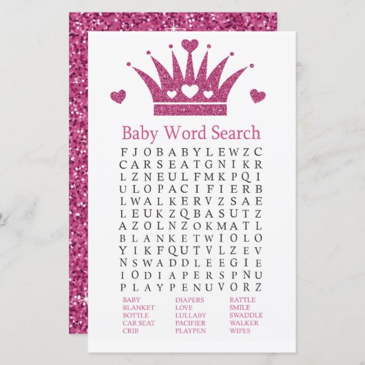 ピンクガールクラウンベビーシャワーワードサーチゲーム (正面/裏面)