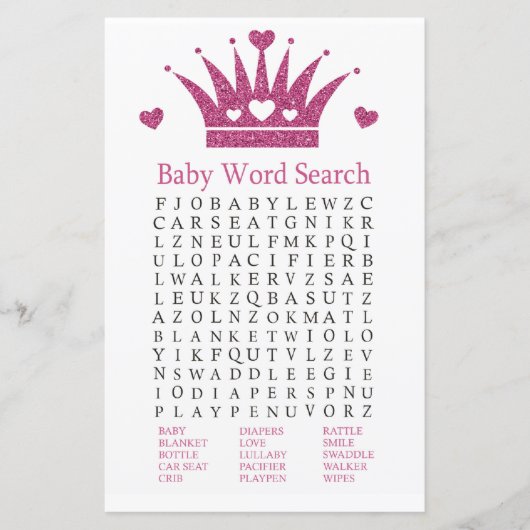 ピンクガールクラウンベビーシャワーワードサーチゲーム (正面)