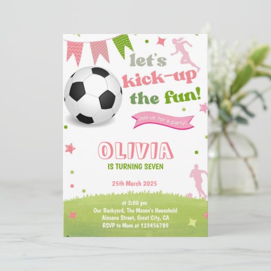 ピンクガールサッカー誕生日招待状サッカーカード 招待状 (スタンド正面)