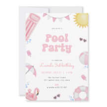 ピンクガールサマープールパーティー誕生日招待状