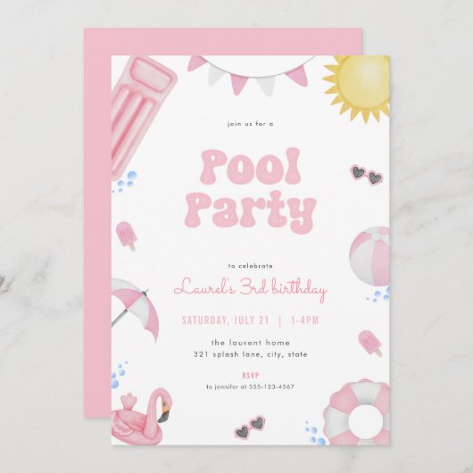 ピンクガールサマープールパーティー誕生日招待状 招待状 (正面/裏面)