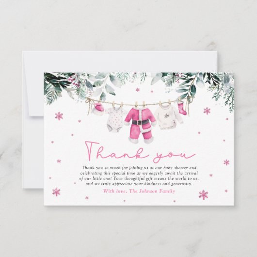 ピンクガールサンタベビークリスマスベビーシャワー サンキューカード (正面)