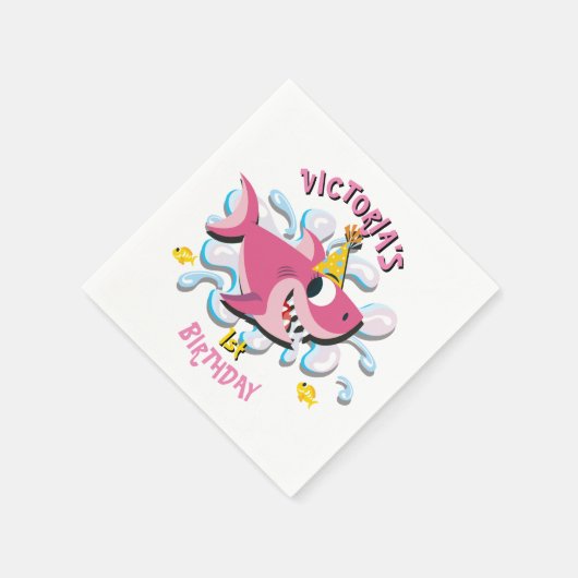ピンクガールシャークベビーバースデーパーティナプキンス スタンダードカクテルナプキン (角)