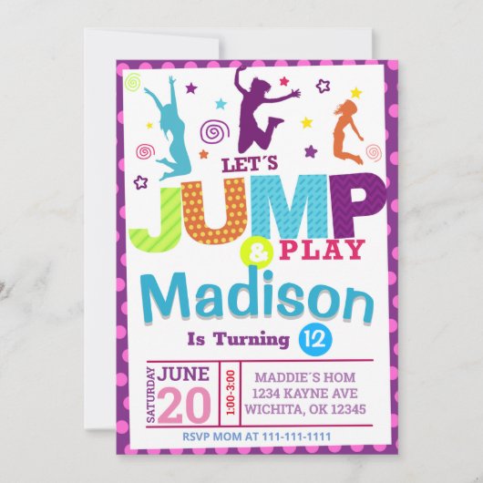 ピンクガールジャンプパーティー誕生日招待状テンプレート 招待状 (正面)