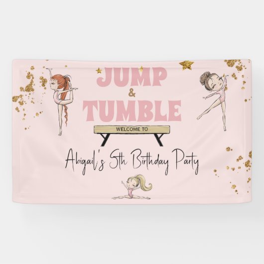 ピンクガールジャンプ&タンブル体操バースデーパーティー 横断幕 (横)