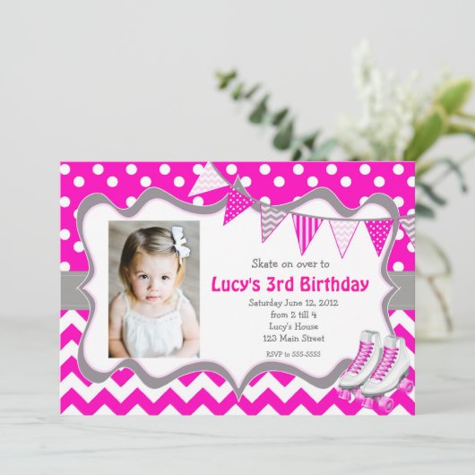ピンクガールスケートパーティー誕生日招待状 招待状 (スタンド正面)