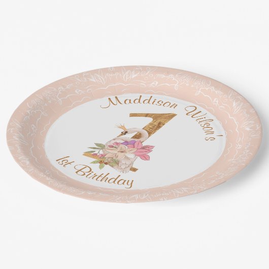 ピンクガールスワン第1誕生日紙プレート ペーパープレート (アングル)