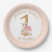 ピンクガールスワン第1誕生日紙プレート ペーパープレート (正面)