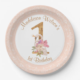 ピンクガールスワン第1誕生日紙プレート ペーパープレート