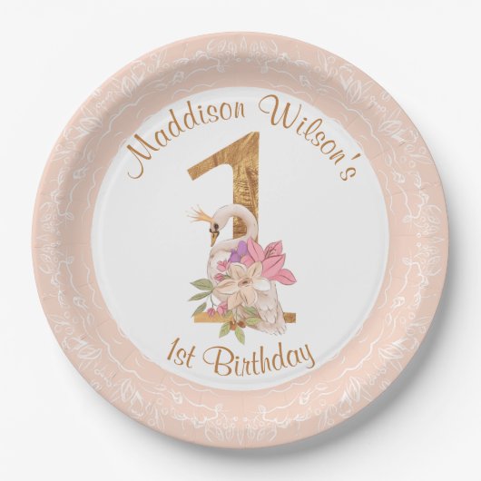 ピンクガールスワン第1誕生日紙プレート ペーパープレート (正面)