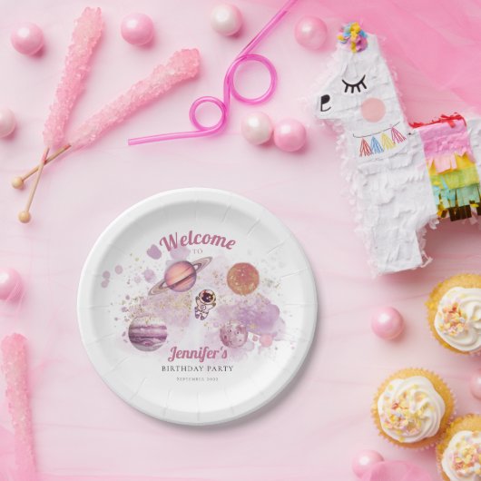 ピンクガールズアウタースペースロケット惑星銀河系 ペーパープレート (パーティー)