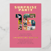 ピンクガールズサプライズスウィート16誕生日写真金ゴールド 箔招待状 (正面)