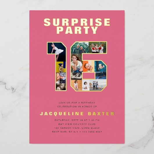 ピンクガールズサプライズスウィート16誕生日写真金ゴールド 箔招待状 (正面)
