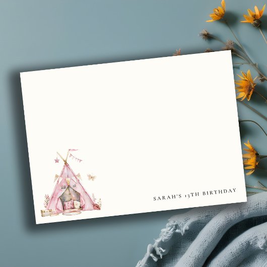 ピンクガールズテントスリーバースランバーバースデーパーティー ノートカード