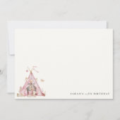 ピンクガールズテントスリーバースランバーバースデーパーティー ノートカード (正面)