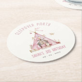 ピンクガールズテントスリーバースランバーバースデーパーティー ラウンドペーパーコースター (アングル)