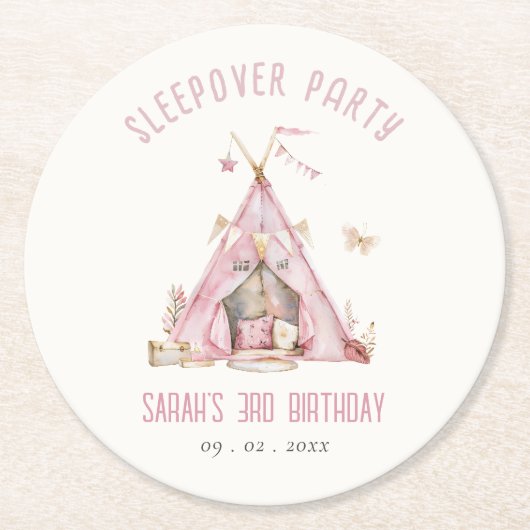 ピンクガールズテントスリーバースランバーバースデーパーティー ラウンドペーパーコースター (正面)