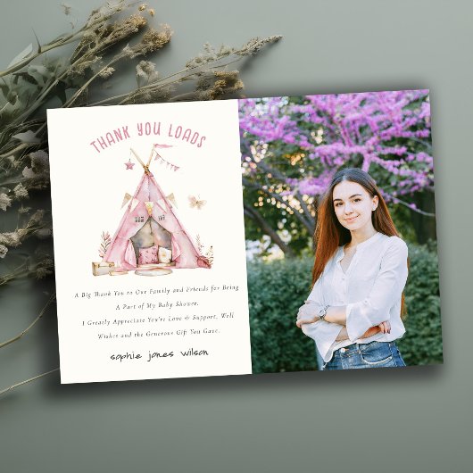 ピンクガールズテントスリーバースランバーフォト誕生日 サンキューカード