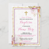 ピンクガールズバプテスマフローラグリッター招待状 招待状 (正面)