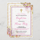 ピンクガールズバプテスマフローラグリッター招待状 招待状 (正面/裏面)