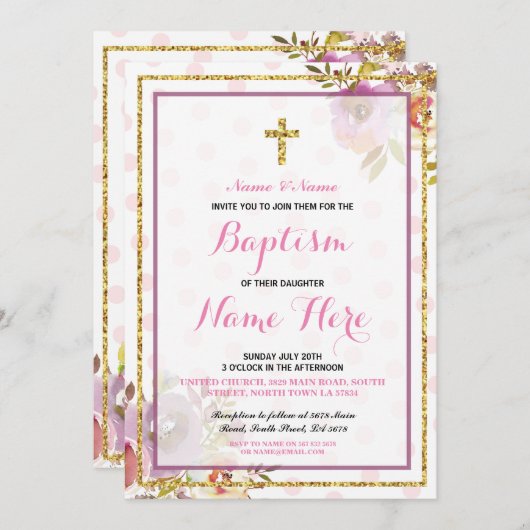 ピンクガールズバプテスマフローラグリッター招待状 招待状 (正面/裏面)