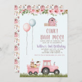 ピンクガールズバーンファームアニマルズ誕生日招待状 招待状 (正面/裏面)