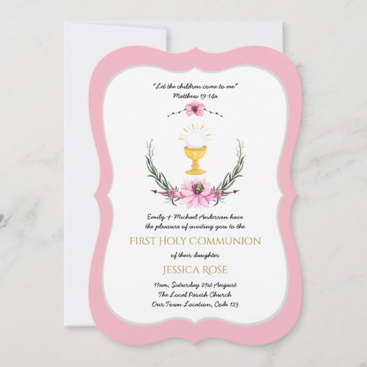 ピンクガールズファースト聖餐式招待状フローラ 招待状 (正面)