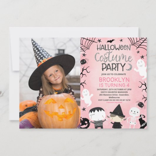 ピンクガールズフォトハローウィンパーティ誕生日 招待状 (正面)