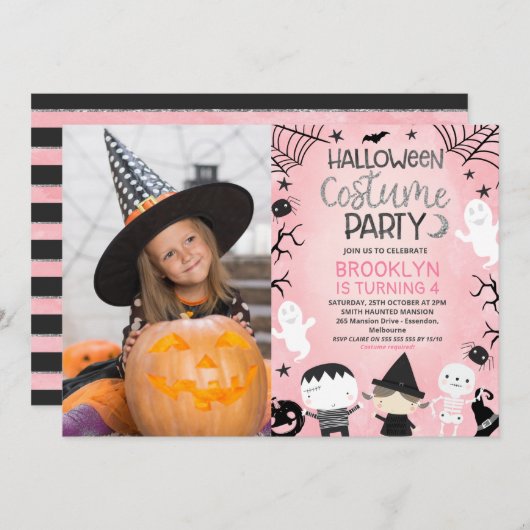 ピンクガールズフォトハローウィンパーティ誕生日 招待状 (正面/裏面)