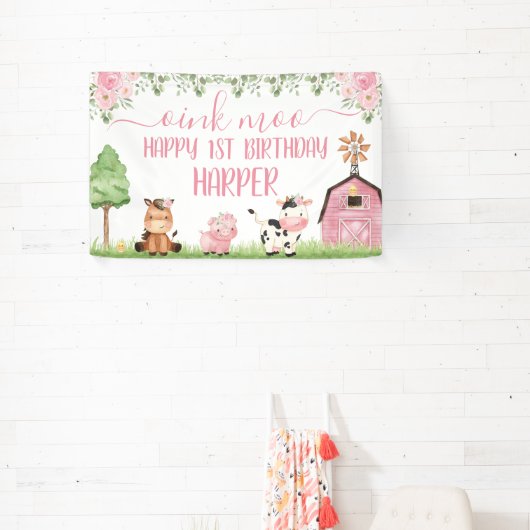 ピンクガールズフローラバーンファームアニマルズハッピーバースデー 横断幕 (インサイチュ)