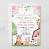 ピンクガールズフローラバーンファームアニマルズ誕生日 招待状 (正面)