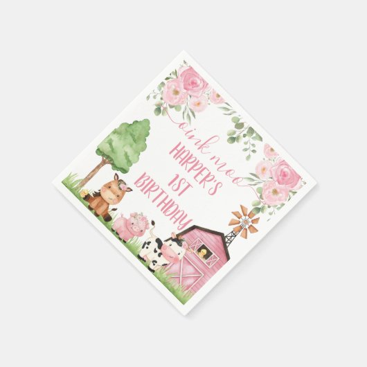 ピンクガールズフローラファームバースデーパーティーペーパーナプキン スタンダードカクテルナプキン (角)