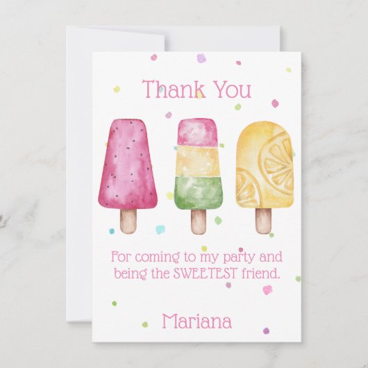 ピンクガールズポップシクルバースデーパーティーサンキューカード 招待状 (正面)