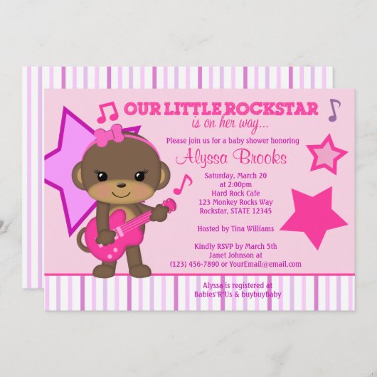 ピンクガールズモンキーロックスターベビーシャワー招待状 招待状 (正面/裏面)