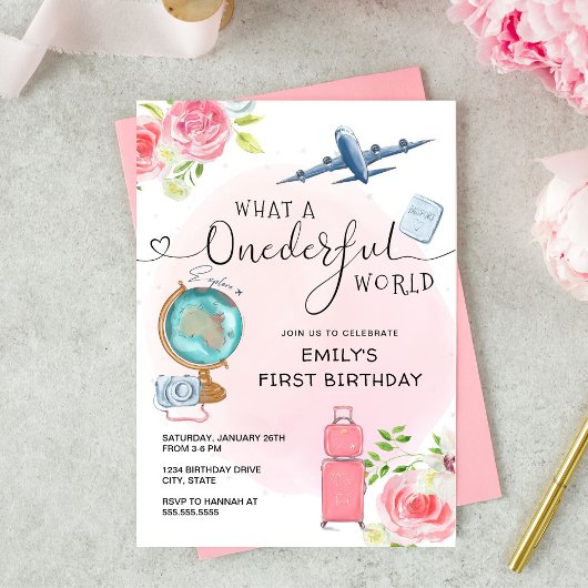 ピンクガールズワンダーフルワールドファースト誕生日 招待状