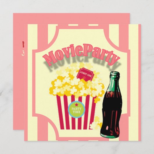 ピンクガールズ映画の誕生日パーティーへの招待 招待状 (正面/裏面)