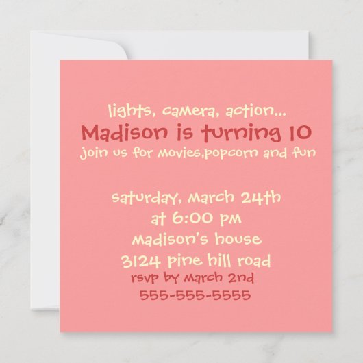ピンクガールズ映画の誕生日パーティーへの招待 招待状 (裏面)