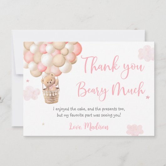 ピンクガールテディベアバルーン誕生日 サンキューカード (正面)