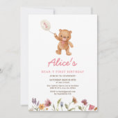 ピンクガールテディベアファースト誕生日招待状 招待状 (正面)
