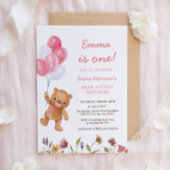 ピンクガールテディベア1st誕生日 招待状