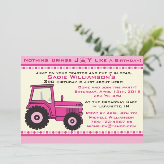ピンクガールトラクターバースデーパーティーの招待 招待状 (スタンド正面)