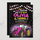 ピンクガールトラクター3rd誕生日パーティー 招待状 (正面/裏面)